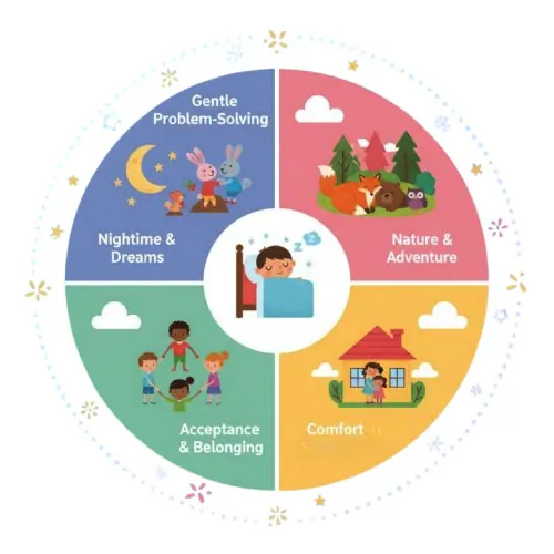 Circular wheel diagram divided into five colorful sections showing bedtime story themes: center shows sleepy child dreaming, five outer sections labeled with icons - Forest with sleeping animals (Nature & Adventure), House with family hugging (Comfort & Homecoming), Diverse children holding hands (Acceptance & Belonging), Moon and stars (Nighttime & Dreams), Characters helping each other (Gentle Problem-Solving).