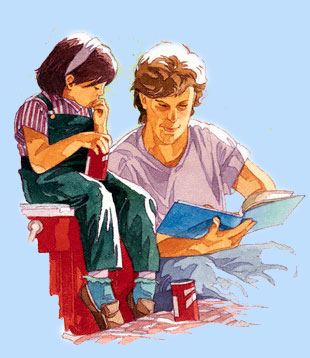 Man with child reading stories