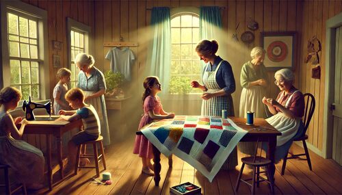 delicacy of feeling story, woman whispers to a young girl, wooden table